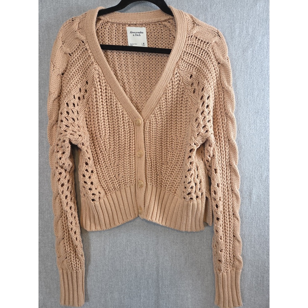 Abercrombie & Fitch M Crochet Crop Cardigan Chunky Knit Tan Boho Retro Y2K Fairy